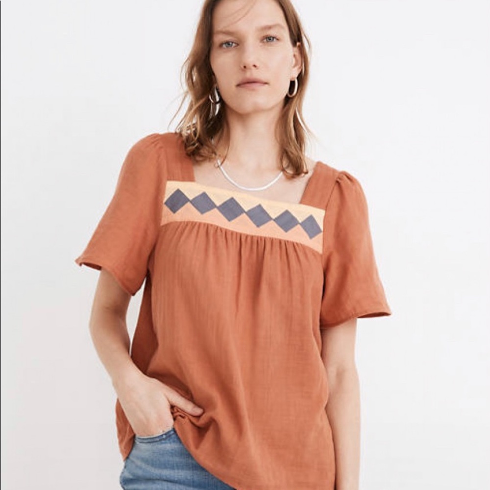Madewell Patchwork Square neck Rust Short Sleeve Blouse